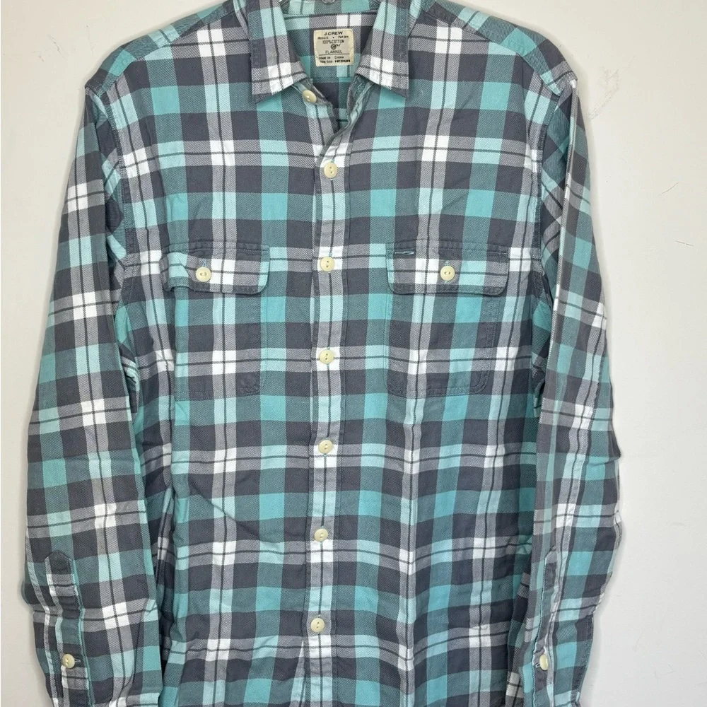 BN5 J. Crew Men’s Rustic Twill Flannel‎ Plaid Button Down Shirt Blue Gray Medium